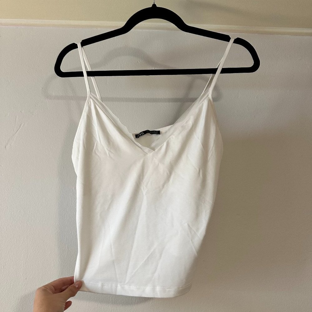 Zara White Tank Top Lined Mesh Neckline Large NWOT
